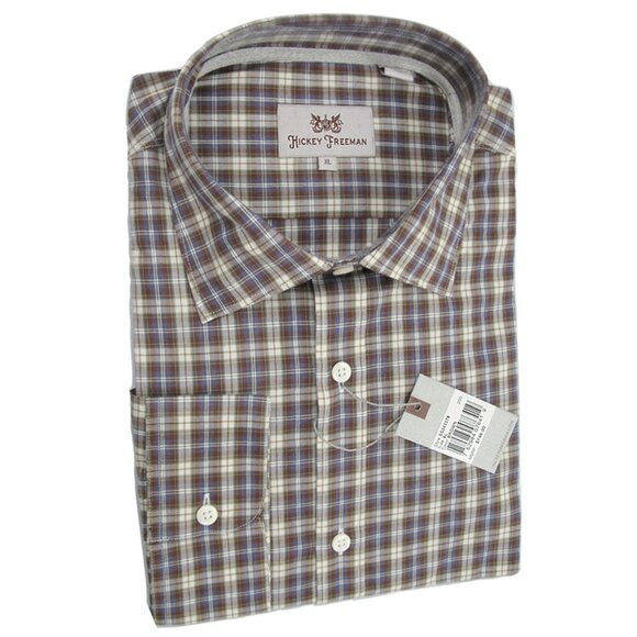 NEW $145 Hickey Freeman Crisp Button Front Shirt!  Brown, White & Blue Plaid - Picture 1 of 1